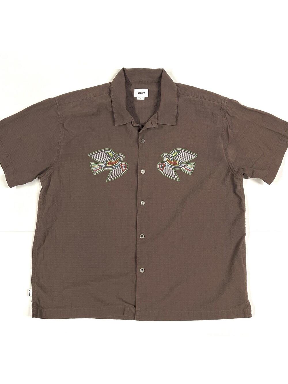Obey Camp Shirt Mens XL Brown Embroidered Birds Seersucker Skate Surf Aztec Y2K